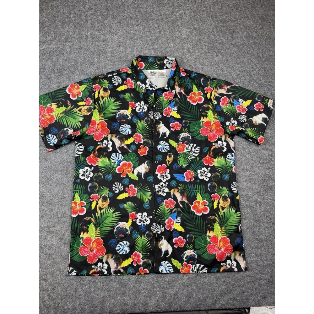 Funny Guy Creations Pug Hawaiian Theme Shirt Mens Large Red Hibiscus Floral L